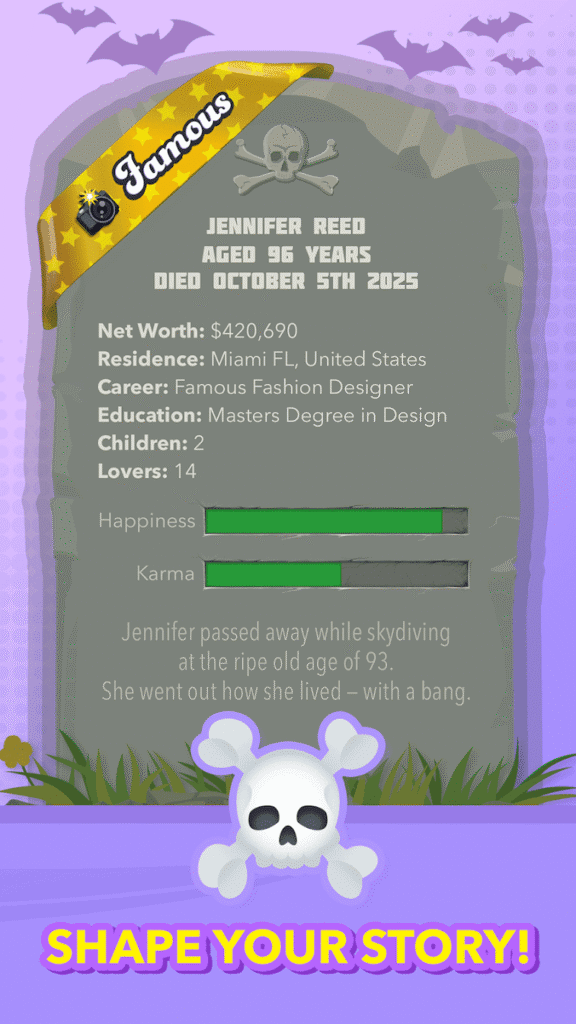 A famous BitLife character's gravestone showing the ribbon earned for that life — bitlife ribbons appear on the gravestone