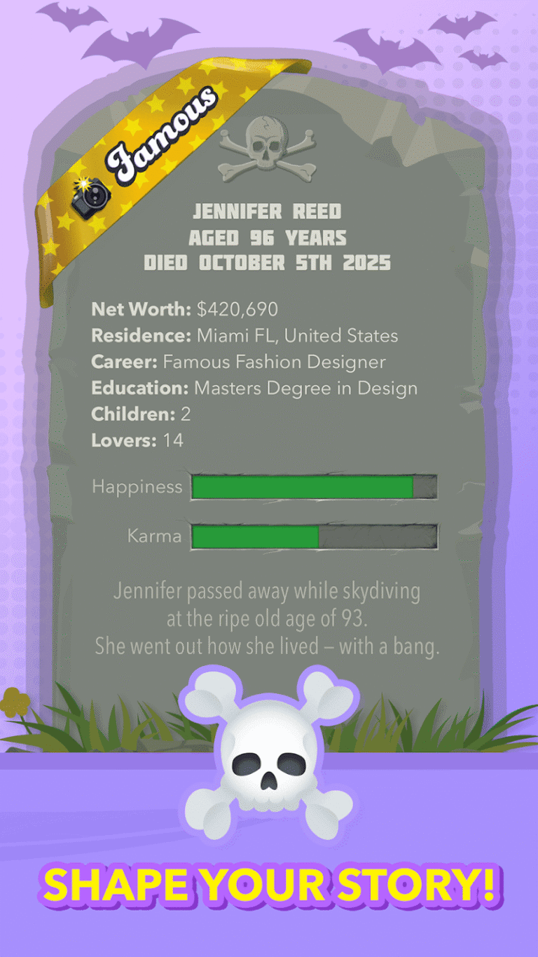 A famous BitLife character's gravestone in the official app
