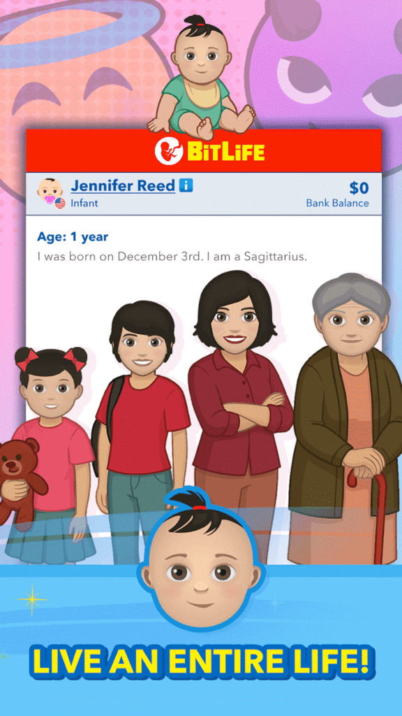 BitLife characters at different life stages from the official app — one life is where bitlife challenges are completed