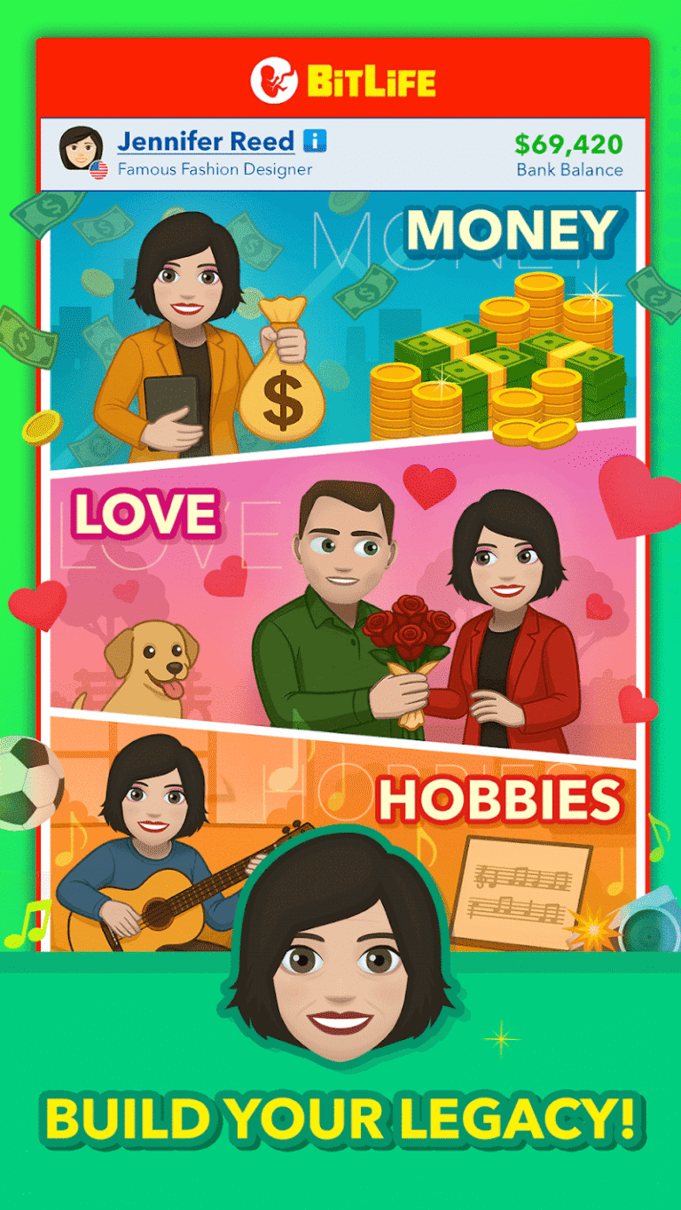 BitLife money, love and hobbies screen from the official app, shown in this bitlife casino guide