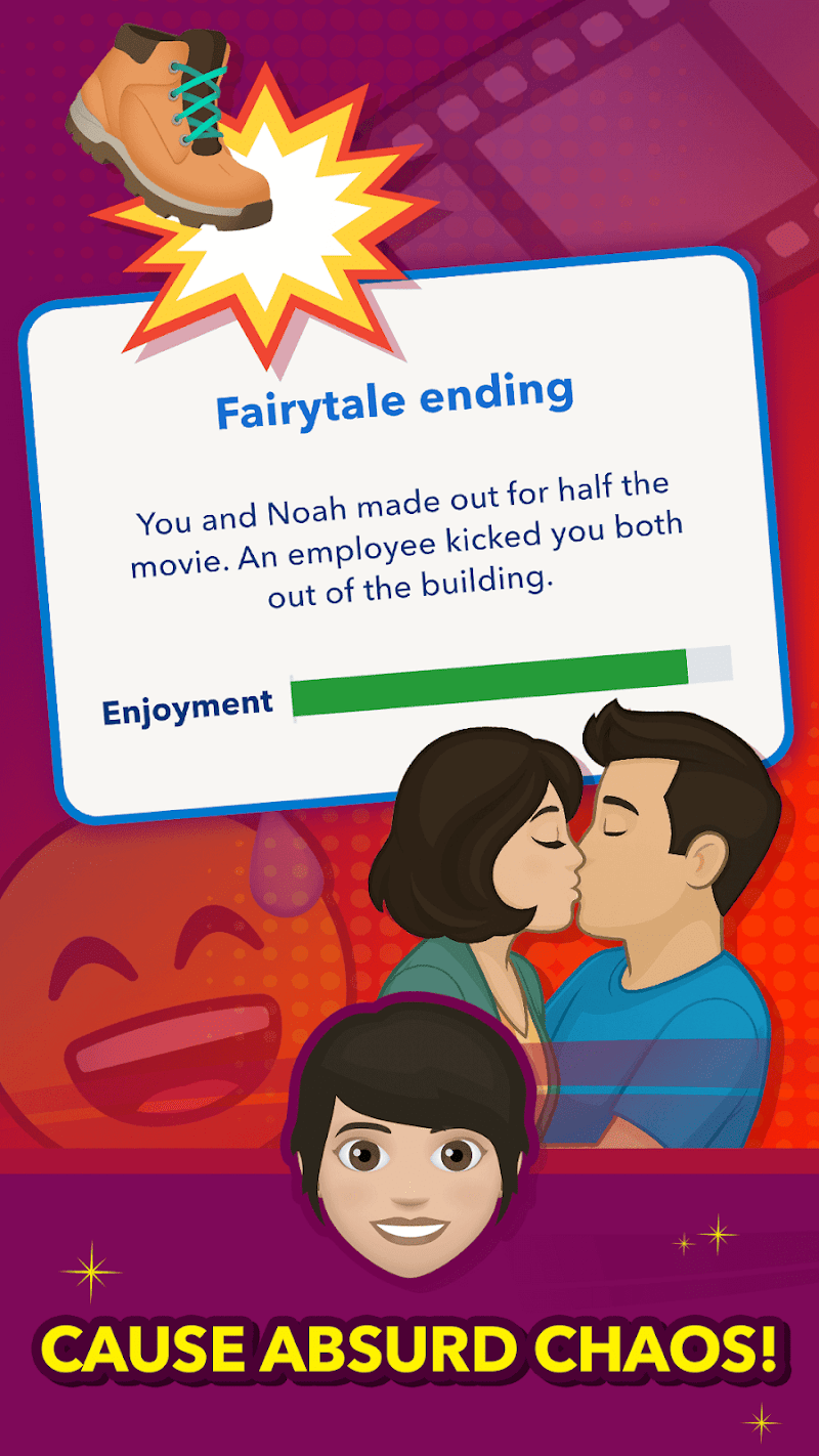 A BitLife character on a movie date in the official app