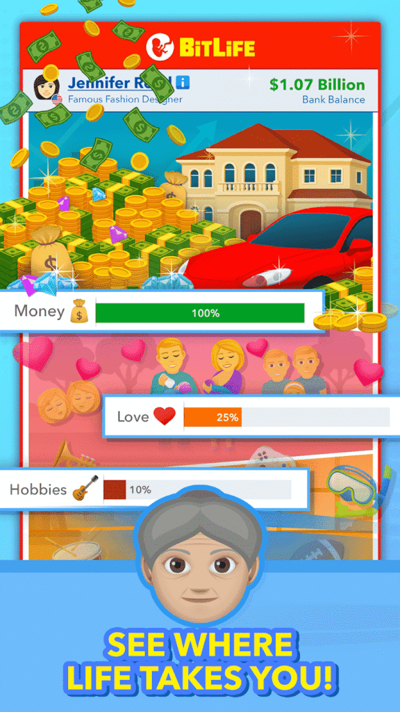 BitLife character stats and wealth screen from the official app