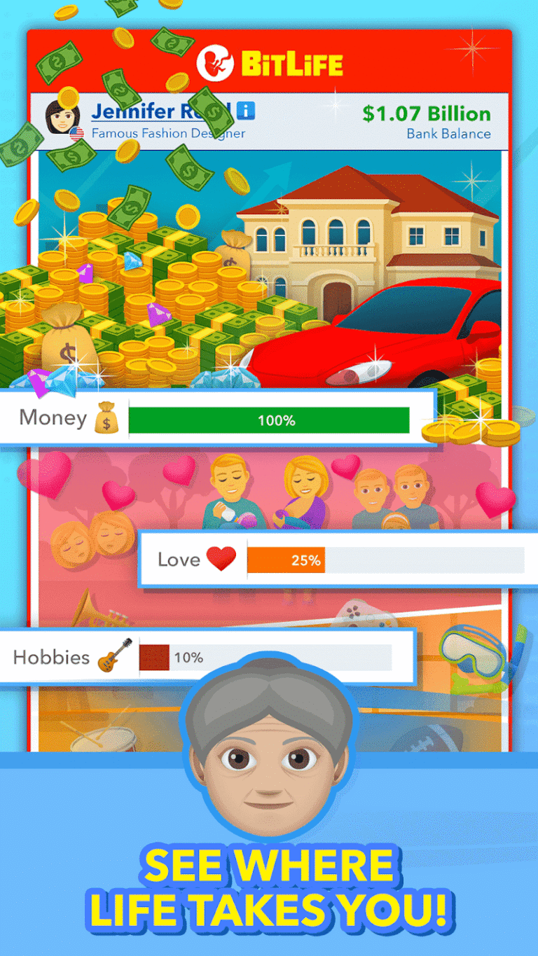BitLife character stats and wealth screen from the official app